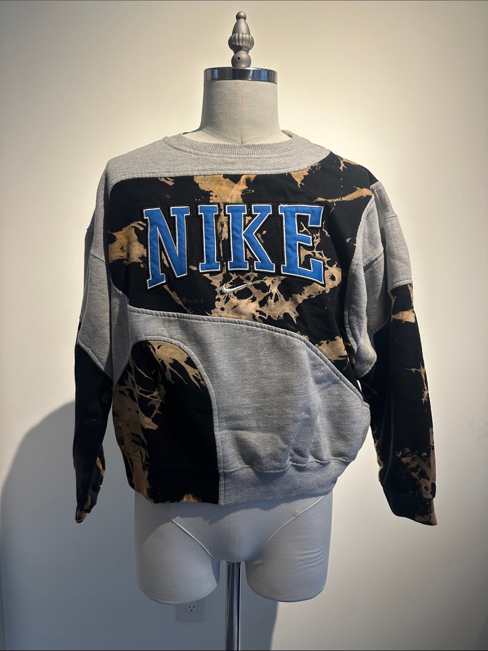 Nike Grey, Black & Tan Tie-Dye Crewneck Sweatshirt with Blue Logo